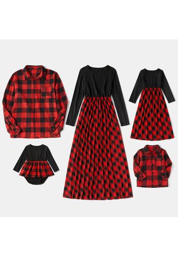 Red and Black Plaid Splice Long-sleeve Family Matching Sets