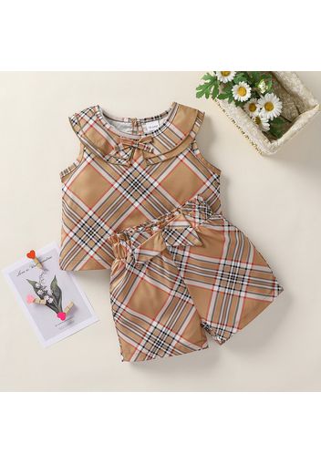 2pcs Toddler Girl Doll Collar Bowknot Design Plaid Sleeveless Tee and Shorts Set