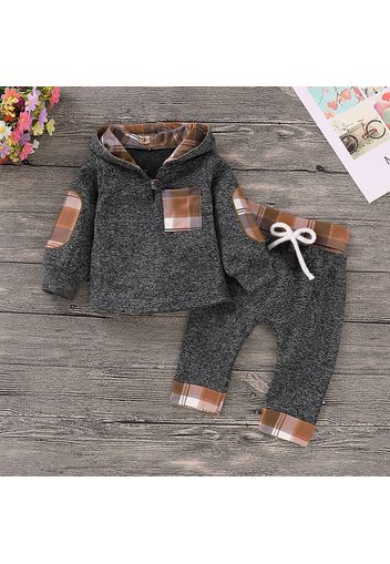 2pcs Hooded Plaid Print Long-sleeve Baby Set