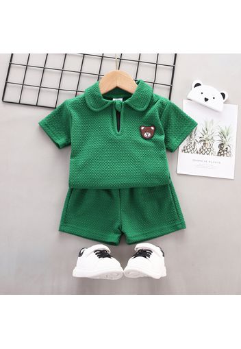 2pcs Baby Boy/Girl Cartoon Bear Design Green Textured Short-sleeve Top and Shorts Set