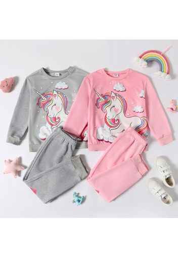 2-piece Kid Girl Unicorn Cloud Print Pullover Sweatshirt and Heart Print Pants Casual Set