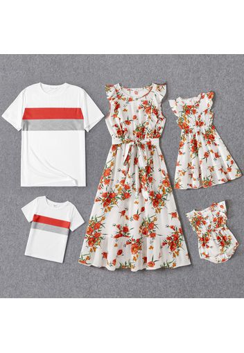 Family Matching All Over Floral Print Flutter-sleeve Ruffle Dresses and Colorblock Short-sleeve T-shirts Sets