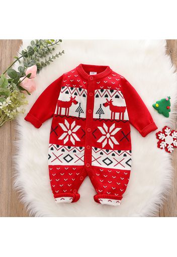 Christmas All Over Pattern Red Baby Long-sleeve Button Down Knitted Jumpsuit