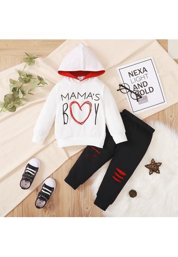 Valentine's Day 2pcs Baby Boy Love Heart and Letter Print Long-sleeve Hoodie with Ripped Pants Set