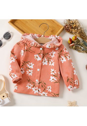 Baby Girl Allover Floral Print Pink Corduroy Ruffle Trim Hooded Long-sleeve Jacket