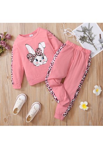 2-piece Kid Girl Cute Rabbit Leopard Print Pullover and Elasticized Pants Casual Set