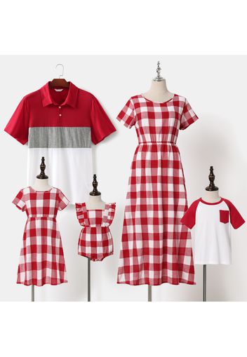 Red and White Plaid Short-sleeve Family Matching Sets(Midi Dresses and Colorblock T-shirts)