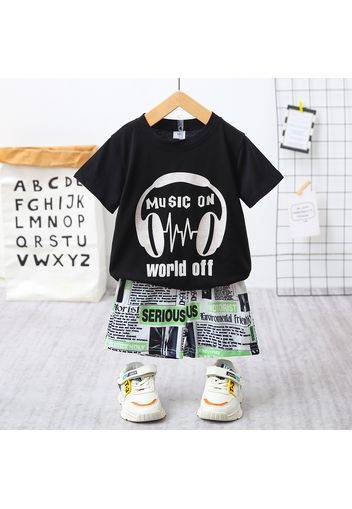 2pcs Toddler Boy Trendy Letter Headphone Print Tee & Shorts Set