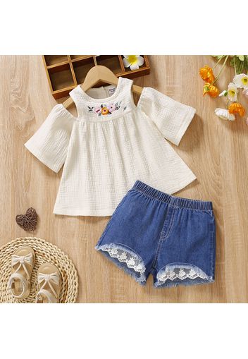 2pcs Toddler Girl 100% Cotton Floral Embroidered Cold Shoulder Short-sleeve Crepe Blouse and Lace Design Denim Shorts Set