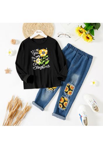 2-piece Kid Girl Floral Print Pullover Sweatshirt and Patchwork Ripped Denim Jeans Set