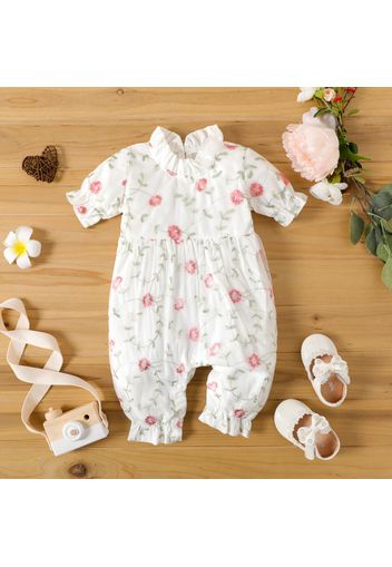 100% Cotton Baby Girl Floral Embroidered Frill Collar Long-sleeve Jumpsuit