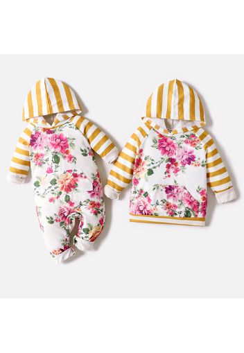 Sibling Matching Floral Print Splicing Striped Long-sleeve Hooded Sweatshirts