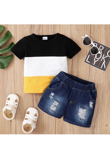 2pcs Baby Boy Colorblock Short-sleeve T-shirt and Ripped Denim Shorts Set