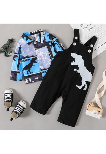 2pcs Baby Boy 100% Cotton Dinosaur Print Overalls and Long-sleeve Button Up Shirt Set