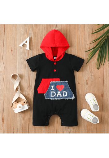 Baby Boy/Girl Love Heart & Letter Print Colorblock Hooded Short-sleeve Romper