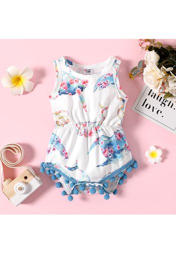 Baby Girl Allover Whale Floral Print Sleeveless Pom Poms Romper