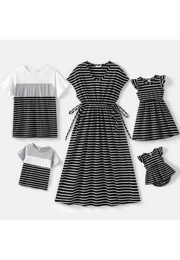 Family Matching Striped V Neck Dresses and Colorblock Short-sleeve T-shirts Sets