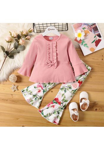 2-piece Toddler Girl Ruffled Bowknot Design Long Bell sleeves Ribbed Pink Top and Floral Print Flared Pants Set