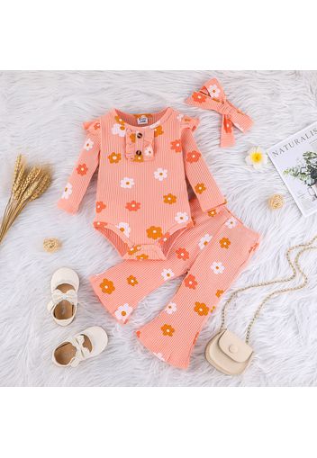 3pcs Baby Girl 95% Cotton Long-sleeve Allover Floral Print Rib Knit Ruffle Trim Romper and Flared Pants with Headband Set