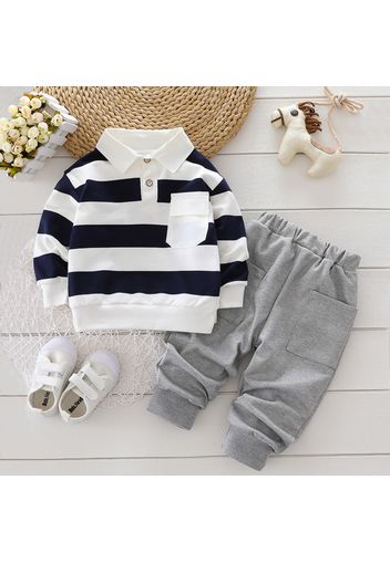 2pcs Baby Boy 95% Cotton Polo Collar Long-sleeve Striped Top and Solid Sweatpants Set