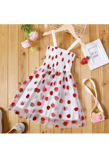 Kid Girl Strawberry Print Smocked Mesh Design Cami Dress