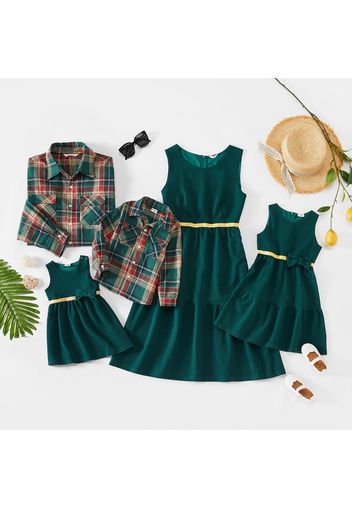 Family Matching Dark Green Sleeveless Dresses and Plaid Long-sleeve Shirts Sets