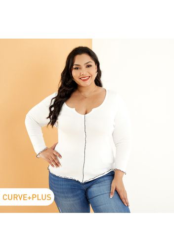 Women Plus Size Basics Square Neck Lettuce Trim Long-sleeve Tee