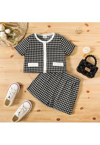 2pcs Toddler Girl Houndstooth Print Button Design Tweed Style Short-sleeve Tee and Shorts Set