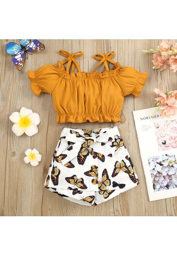 2pcs Baby Girl Solid Rib Knit Spaghetti Strap Ruffle Puff-sleeve Top and Allover Butterfly Print Belted Shorts Set