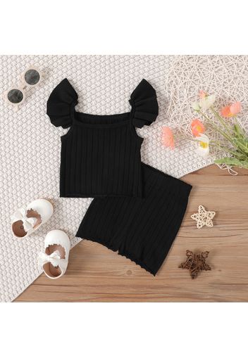 2pcs Baby Girl Solid Rib Knit Flutter-sleeve Top and Shorts Set