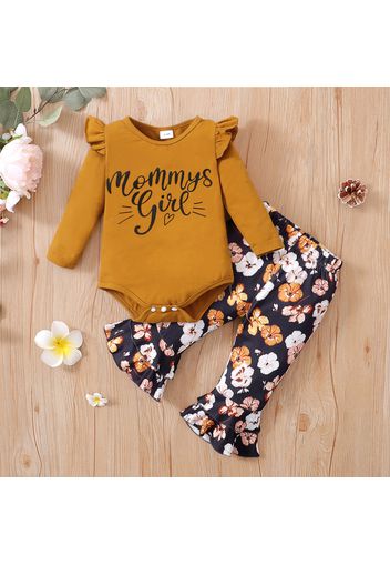 2pcs Baby Girl Letter Print  Brown Long-sleeve Romper and Floral Print Bell Bottom Pants Set