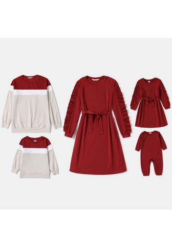 Family Matching Red Ruched Long-sleeve Belted Dresses and Colorblock Sweatshirts Sets