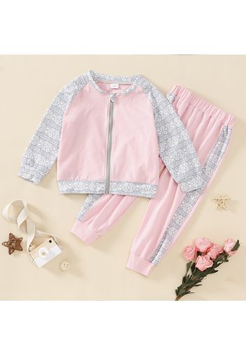 2-piece Toddler Girl Floral Print Colorblock Zipper Jacket and Pants set