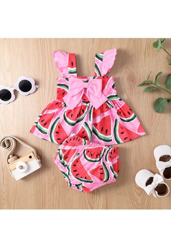 2pcs Baby Girl Allover Watermelon Print Sleeveless Bowknot Top and Shorts Set