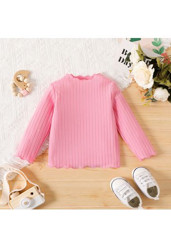 Baby Girl Solid Rib Knit Lettuce Trim Long-sleeve Top