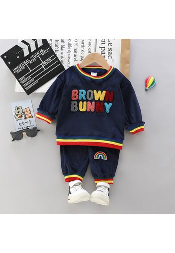 2pcs Toddler Boy Trendy Letter Terry Embroidered Striped Sweatshirt and Pants Set