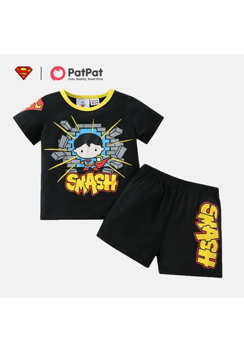 Superman 2pcs Toddler Bpy Letter Print Short-sleeve Black Tee and Elasticized Shorts Set