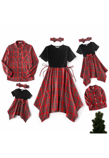 Christmas Red Plaid Family Matching Short-sleeve Splicing Dresses and Long-sleeve Shirts Sets