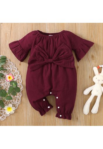 Baby Girl Solid Flared Sleeve Bowknot Jumpsuit