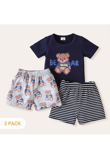 3pcs Baby Boy 95% Cotton Short-sleeve Tee with All Over Bear and Stripe Print Shorts Set