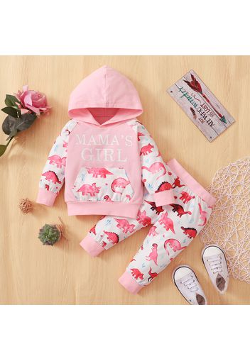 2pcs Baby Letter and Dinosaur Print Pink Long-sleeve Hoodie and Trousers Set