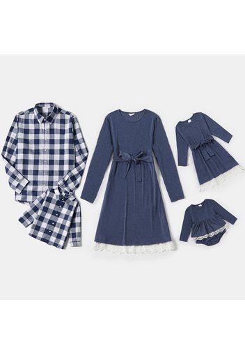 Blue and White Splice Print Long-sleeve Family Matching Sets(Belted Lace Hem Dresses and Plaid Shirts)