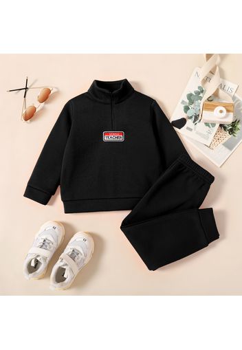 2-piece Toddler Boy Stand Collar Letter Embroidered Zipper Sweatshirt and Solid Color Pants Set