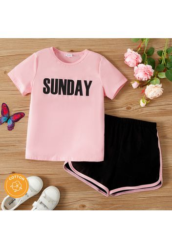 2pcs Kid Girl Letter Print Short-sleeve Pink Tee and Dolphin Shorts Set