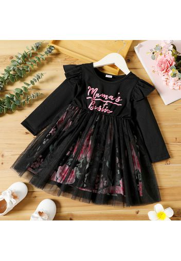 Toddler Girl Letter Print Ruffled Floral Print Mesh Design Long-sleeve Dress