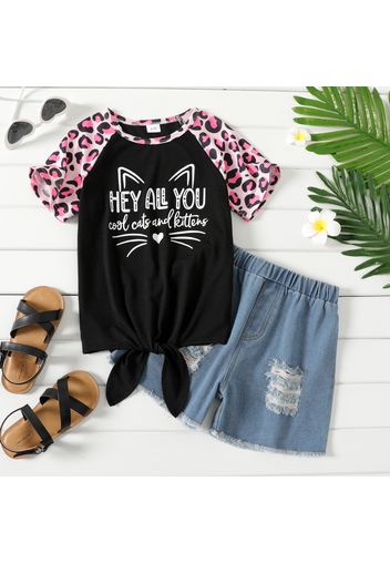 2-piece Kid Girl Cat Letter Leopard Print Tie Knot Tee and Ripped Denim Shorts Set