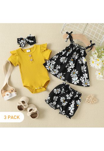 4pcs Baby Girl 95% Cotton Ribbed Ruffle Short-sleeve Romper and Allover Daisy Floral Print Set