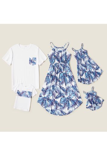 Mosaic Blue Leaves Print Family Matching White Sets