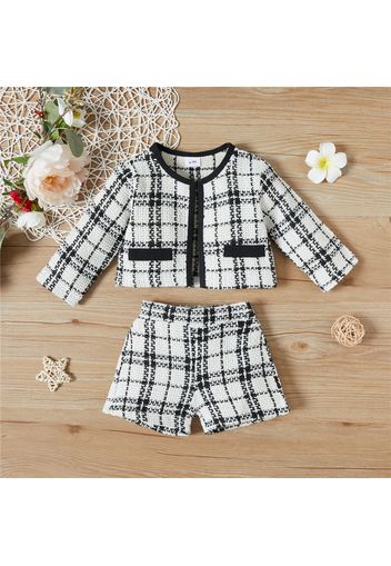 2pcs Plaid Print Round Neck  Long-sleeve White Baby Set