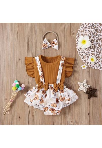 3pcs Floral Print Flutter-sleeve Ribbed Baby Sets